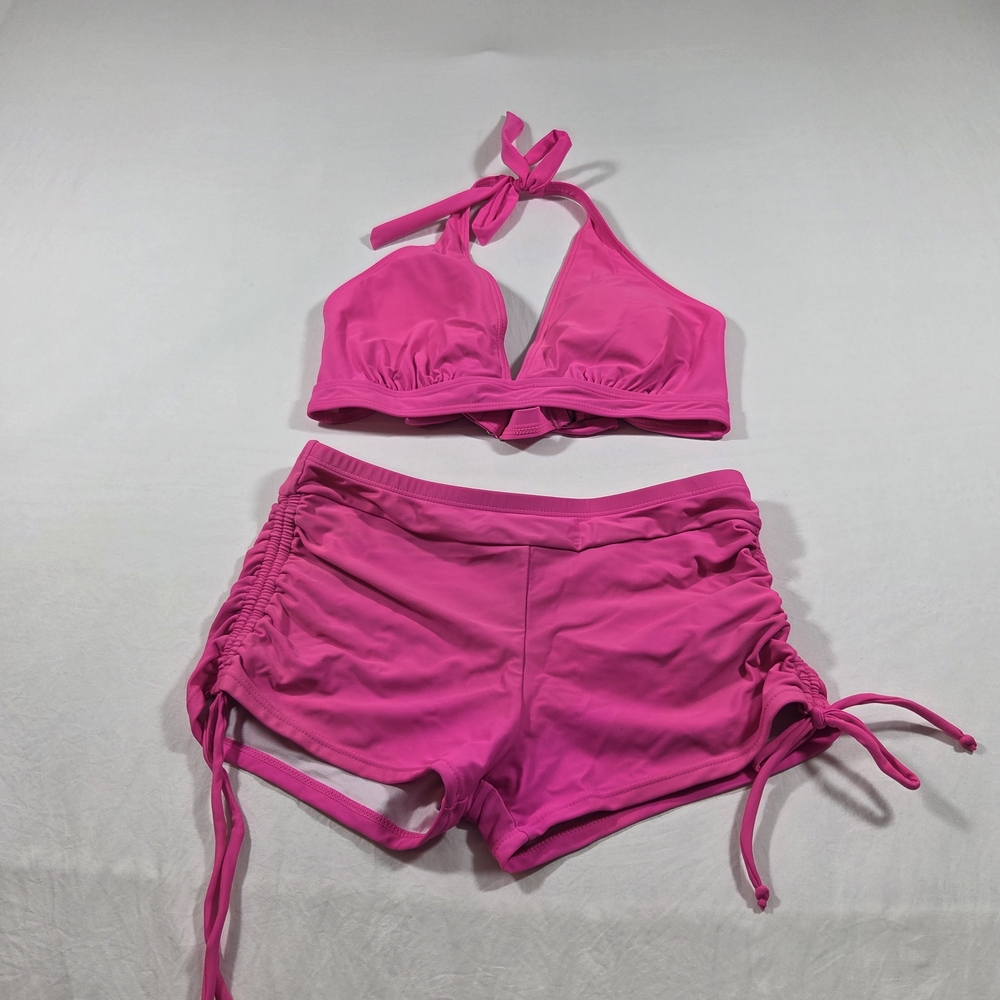 Holipick Vibrant Pink Bikini Set Short Bottoms Shirred Sides Tie Straps Medium